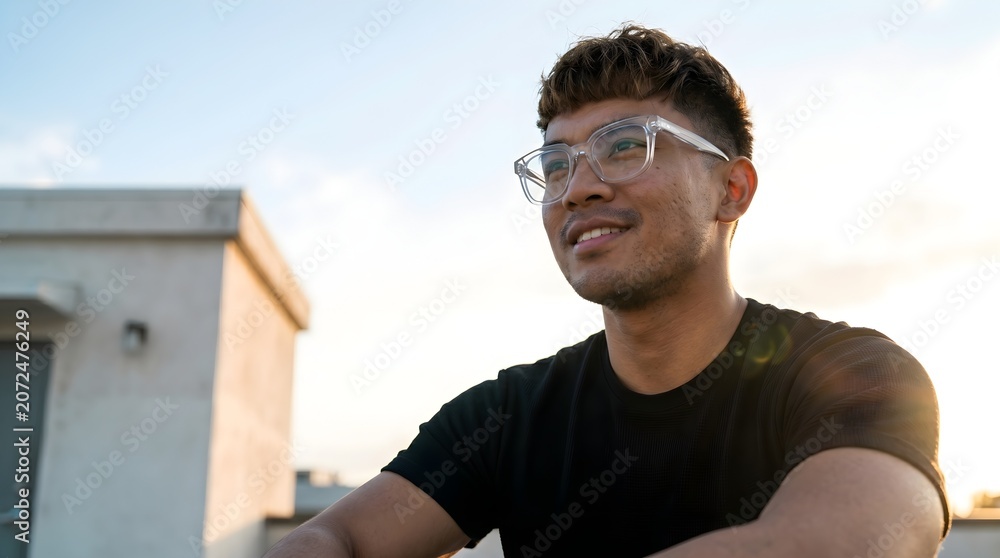 Fototapeta premium Low angle portrait of smiling young man with stylish haircut and clear frame glasses looking away on rooftop at sunset