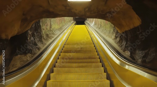 Yellow escalator ascending into a rock-carved tunnel.