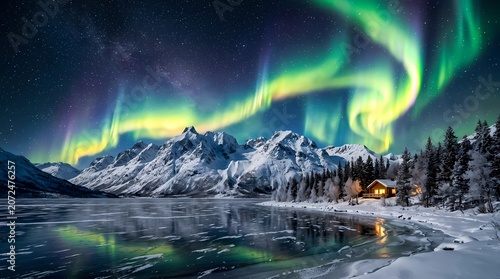 Golden Sunset and Sunrise Over Snowy Alpine Mountains with Lake Reflections Dramatic Clouds and Aurora Sky Landscape in Nature Wilderness Travel Destination