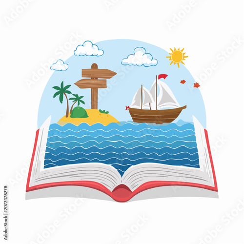 Open Book with Tropical Island and Sailing Ship Illustration