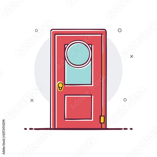Red front door with peephole and window vector illustration