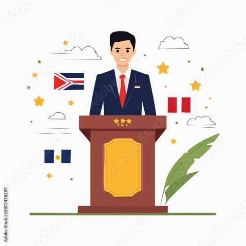 Politician Speaking at Podium with Flags and Stars