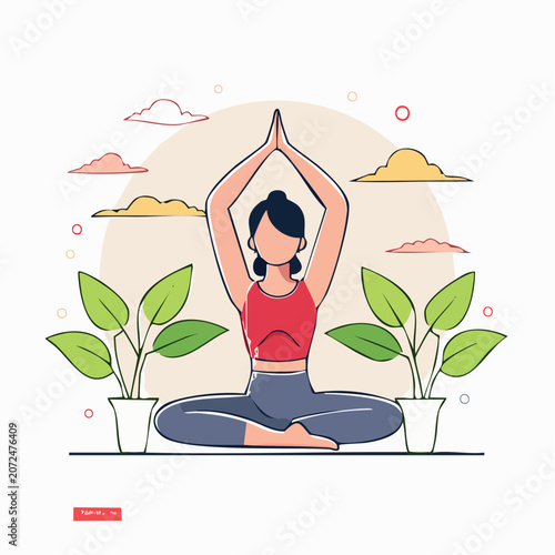 Woman Meditating in Lotus Pose with Plants and Clouds
