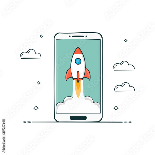 Smartphone with Rocket Launch Flat Vector Illustration