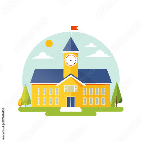 Yellow school building with clock tower illustration