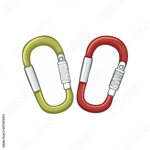 Two colorful carabiners with metal springs, vector illustration