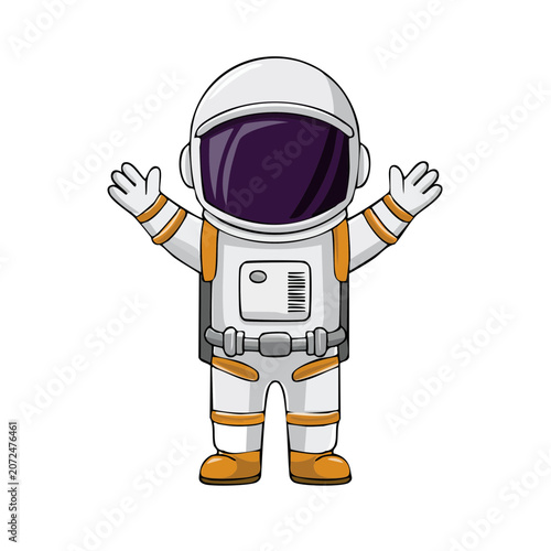 Cartoon astronaut in space suit with arms raised
