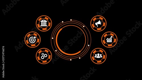 Abstract business infographic interface with rotating icons and circles.