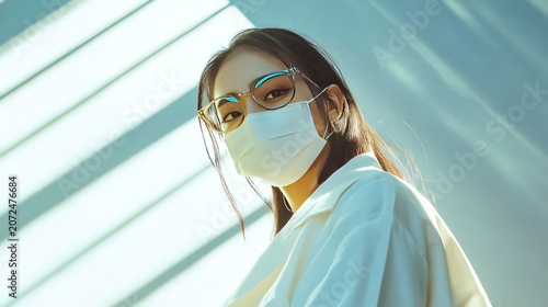 Young woman in glasses and face mask looking at camera.