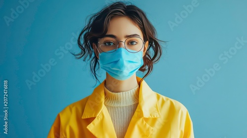 Young woman in yellow coat wearing glasses and a face mask against a blue background.
