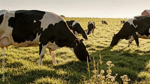 Dairy cows graze in a lush green pasture at sunset