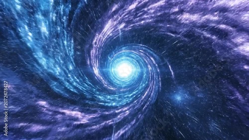 A glowing blue spiral swirls in deep outer space