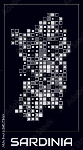 Sardinia digital style map. Large square dots on dark background. Dotted shape of the island. Sardinia map and title. Classy vector illustration.