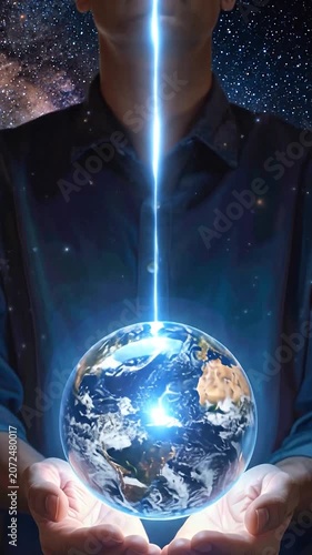 A glowing Earth orb is held aloft in a starry universe
