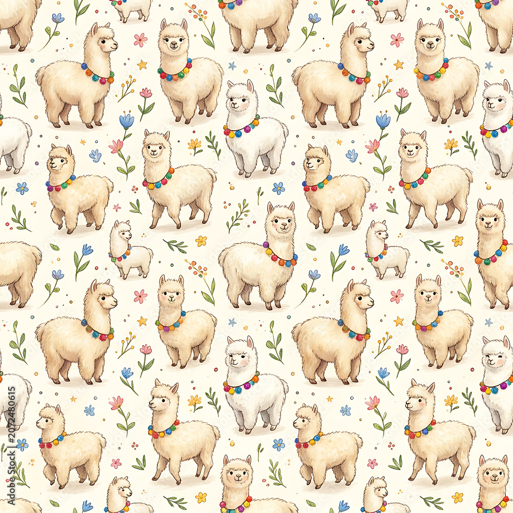 Fototapeta premium Cute Alpaca Seamless Pattern with Floral Garland and Wildflowers, Watercolor Llama Background for Nursery, Kids Fabric, Wrapping Paper and Children's Textile Design