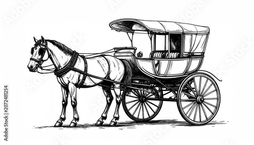 Two horses pulling an ornate covered carriage sketch.
