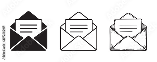 Open envelope mail icon set. Email and communication symbol in Different Styles