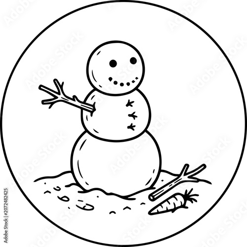 Smiling snowman with carrot nose and stick arms in snowy scene