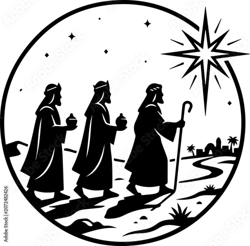 Three wise men walking under starry night sky