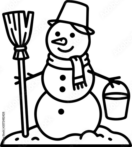 Smiling snowman in hat and scarf holds broom and bucket on snowy ground