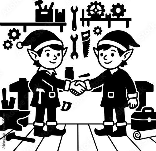 Two elves shaking hands in a workshop with tools