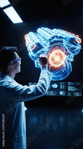 A futuristic car prototype glows as a scientist analyzes it