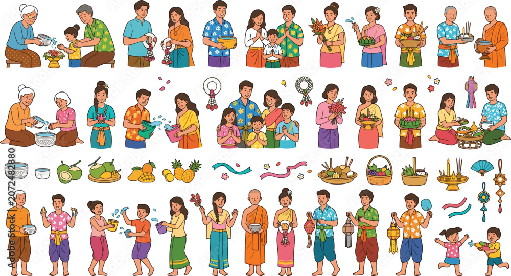 Fototapeta premium Diverse cartoon family and friends cooking, sharing food, and celebrating together in a colorful setting