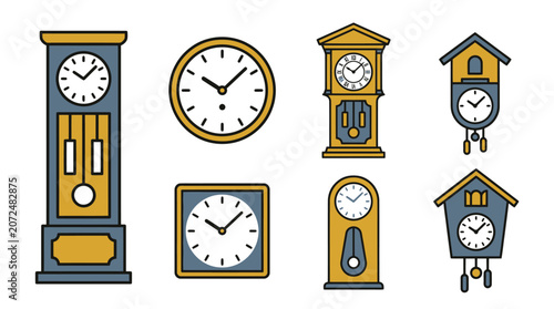 Tableau sur toile Minimalist grandfather clock and wall clock vector icons set.