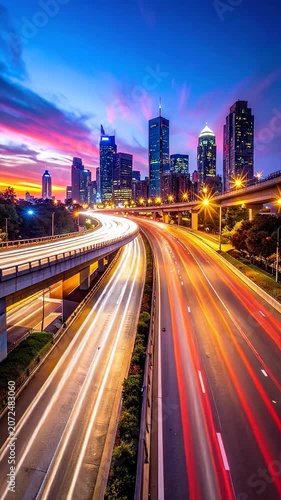 Golden twilight over a city highway sparks nighttime motion