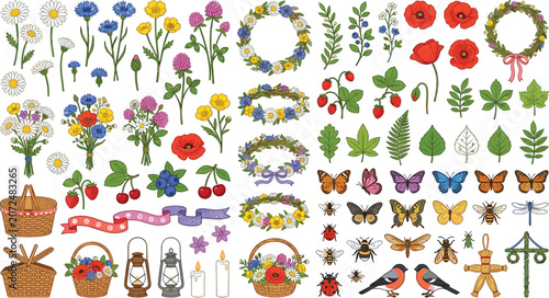 Colorful floral and nature icons set with butterflies and birds