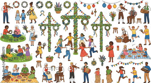 Colorful community harvest festival with people dancing and celebrating around decorated trees