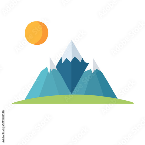 Flat Vector Illustration of Mountain Landscape with Sun