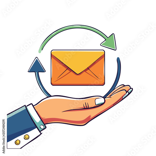 Hand holding envelope with circular arrows, flat vector illustration