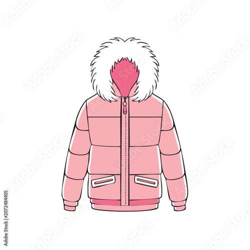 Pink puffer jacket with fur hood flat vector illustration