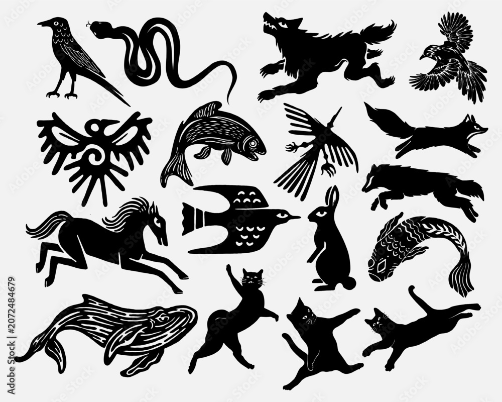 Naklejka premium Stylized animal silhouette collection offers unique tattoo elements, t shirt designs, streetwear fashion. A versatile graphic print art set for contemporary projects