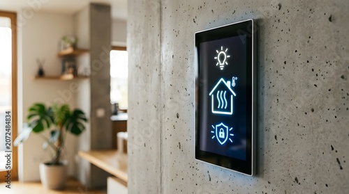 Smart Home Control Panel Interface on a Modern Concrete Wall