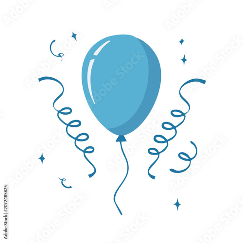 Blue Balloon with Ribbon and Confetti Vector Illustration