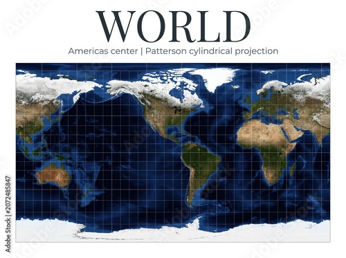 World Map in Patterson Cylindrical Projection. High-detail physical Earth map with Americas centered. Compromise projection with softened poles for general-purpose use. April View.