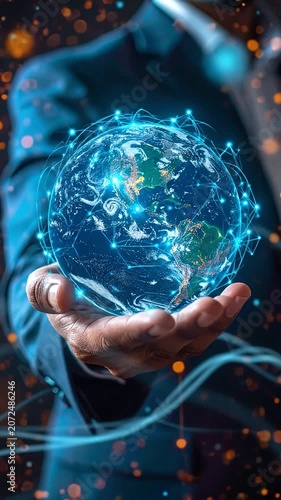A businessman holding a glowing digital globe in his hand
