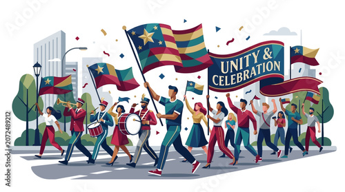 Marching band and happy people parading with flags in a city celebration