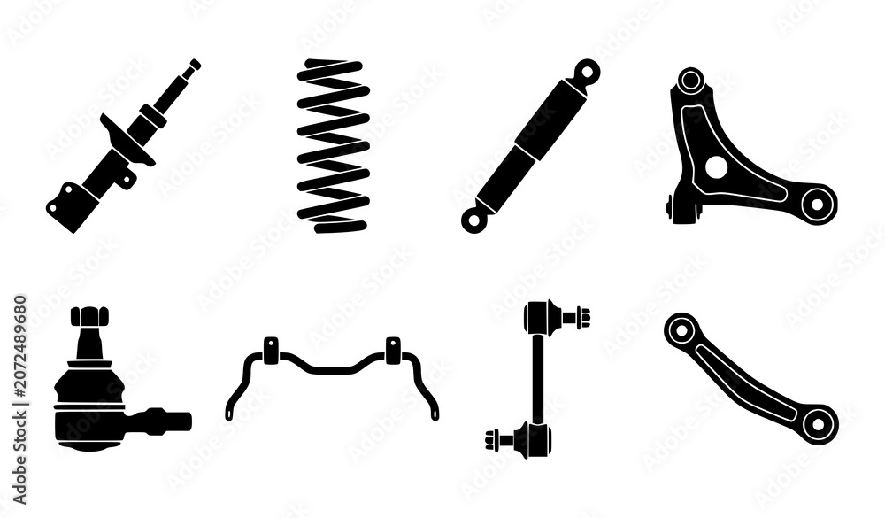 Fototapeta premium Automotive Suspension Parts Black Silhouette Vector Set with Strut Spring Shock Absorber Control Arm and Ball Joint