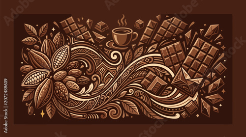 Chocolate treats and cocoa beans in ornate design