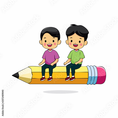 Two cartoon boys sitting on a large yellow pencil