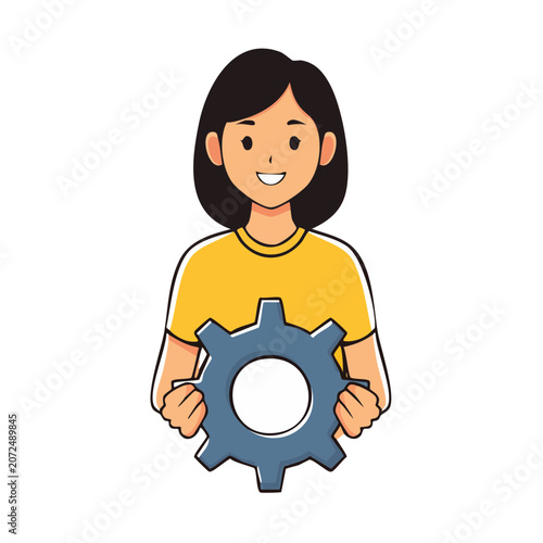 Woman holding large gear illustration