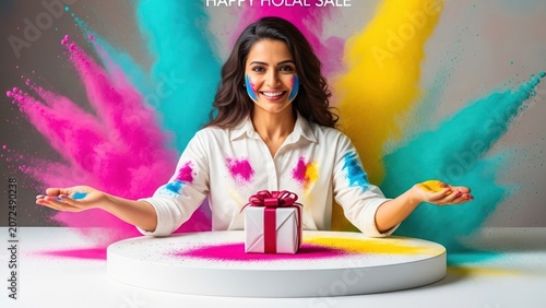 Happy Holi Sale with Woman and Gift