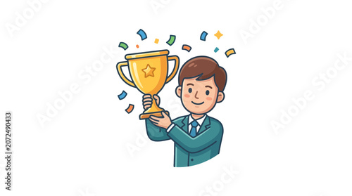 Successful Businessman Holding a Golden Trophy Cup Celebration