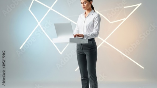 Professional Woman Using Laptop in Futuristic Office