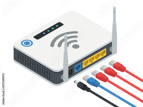 Tableau sur toile A modern dual-antenna wireless internet router sits angled on a surface, display