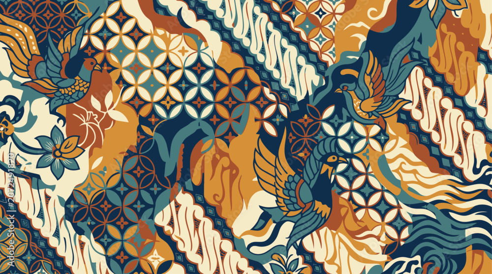 Obraz premium Vibrant Batik Pattern Unfolds with Animals and Nature in Traditional Design