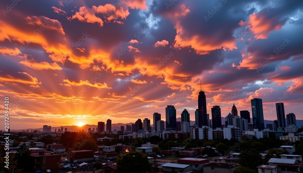 Fototapeta premium Urban Skyline Sunset Amidst Environmental Devastation
